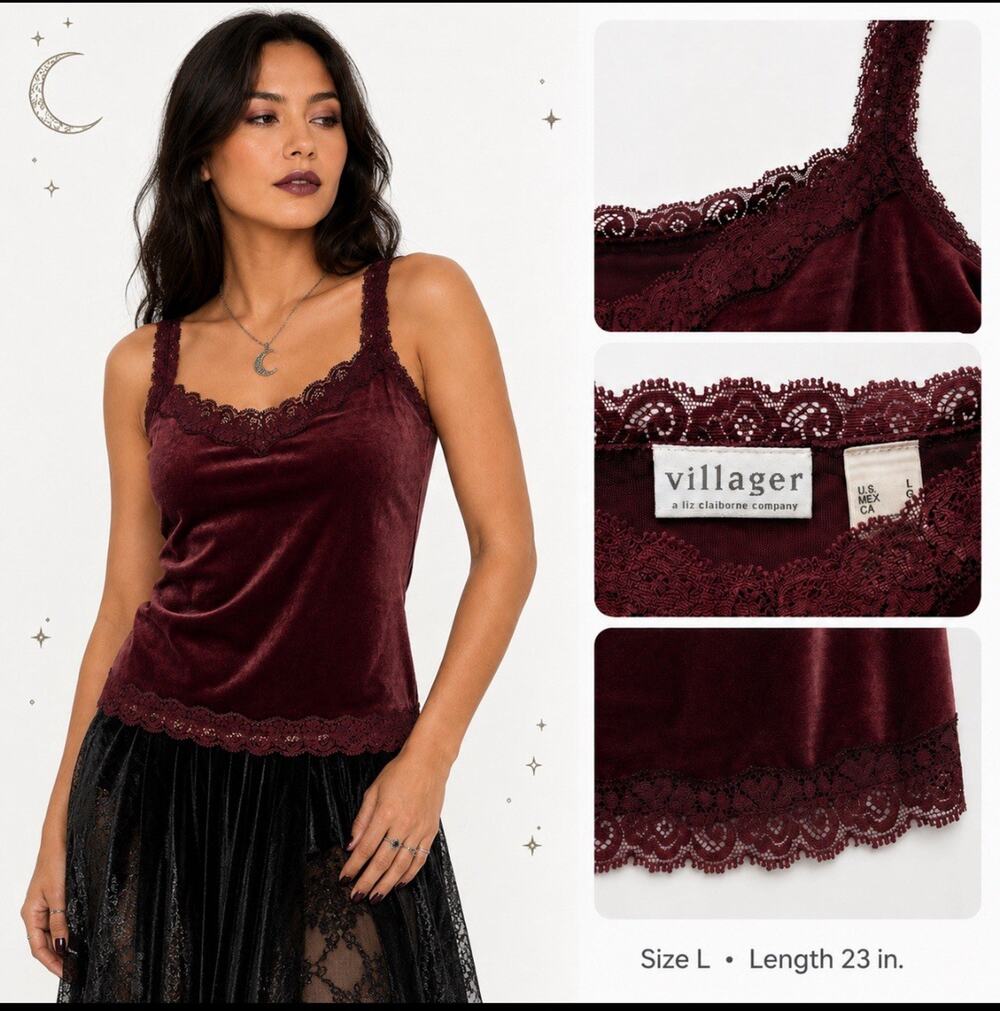 Y2K Romantic Goth Villager Velvet Lace Trim Cami Large Burgundy Wine Whimsigoth